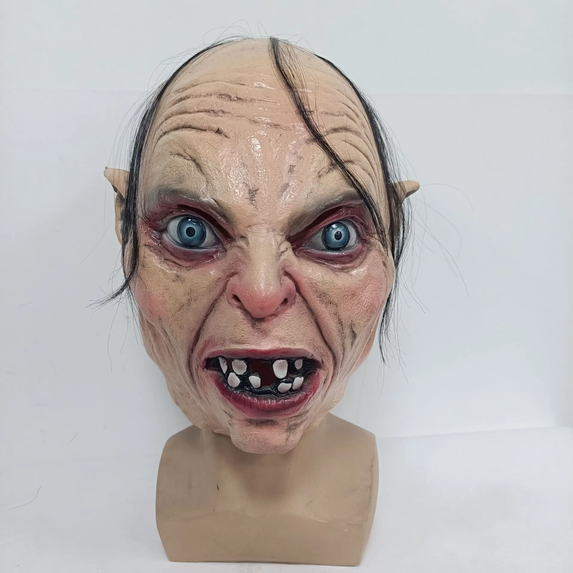 Gruselige Monster-Latexmaske mit Haaren und Spitzohren, Schreckliches Kreatur-Kopfteil für Halloween-Cosplay, Maskerade-Party-Kostüm-Requisiten – Detail 3