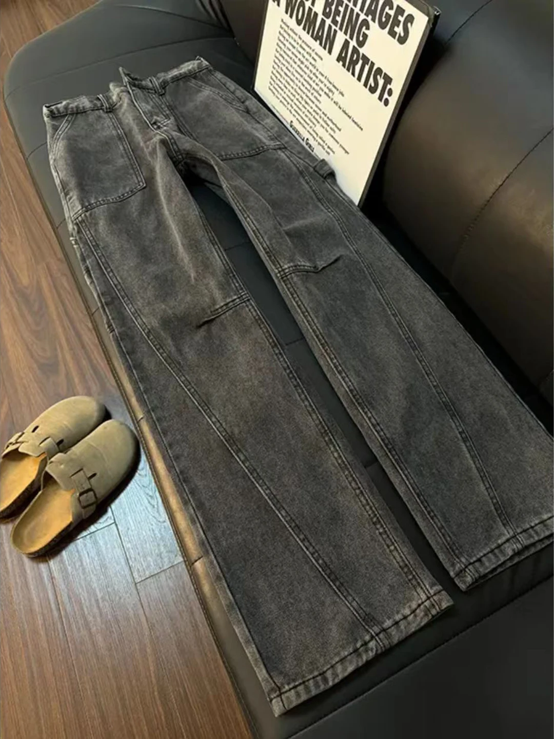 

ey Vintage Slant Cut Belted Jeans Men's Spring Slimming Leg Lengthening Flared Waed Straight Leg Jeans Casual Wear