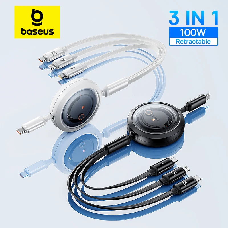 Baseus Retractable 100W 3 in 1 Fast USB Cable for Macbook iPad Portable 3 in 1 Type C Charger Cable For iPhone 16 15 Samsung