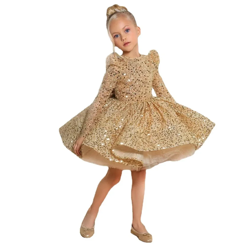 Children Clothing Baby Girl Puffy Gauze Dresses Birthday Elegant Princess Prom Dress for Kids Gold Sequin Long Sleeve Ball Gown