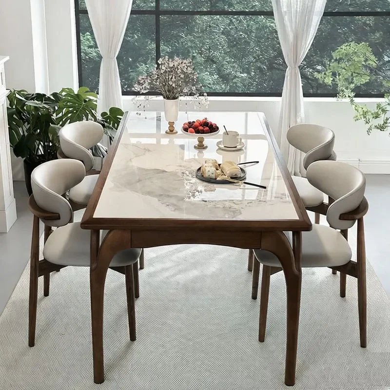 Bright Rock Slab Solid Wood Dining Table High End Walnut Color Light Luxury Modern Simple Household Rectangular Ash Wood