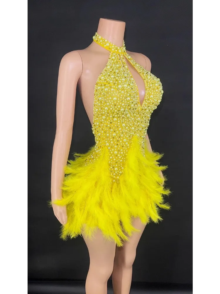 2024 new sexy Latin dance costume with hollowed out design and feather skirt hanging neck, belly dance performance costume