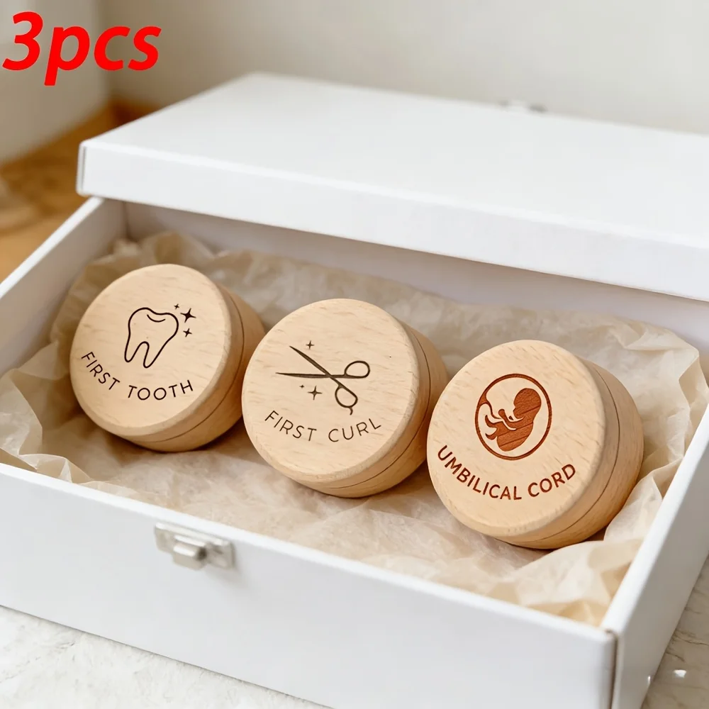 3PCS Wooden Storage Box Infant Deciduous Teeth Umbilical Cord First Haircut Memorial Crate Newborns Preserve Cherished Milestone