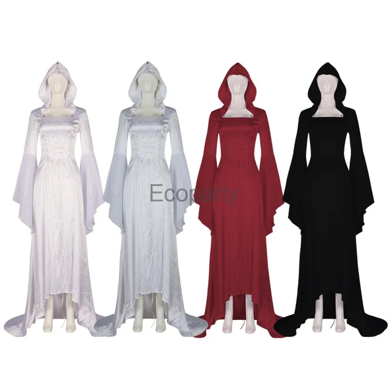 

Women Medieval Renaissance Vintage Maxi Dress Halloween Devil Pagan Witch Cosplay Hooded Irish Dresses Carnival Party Costume