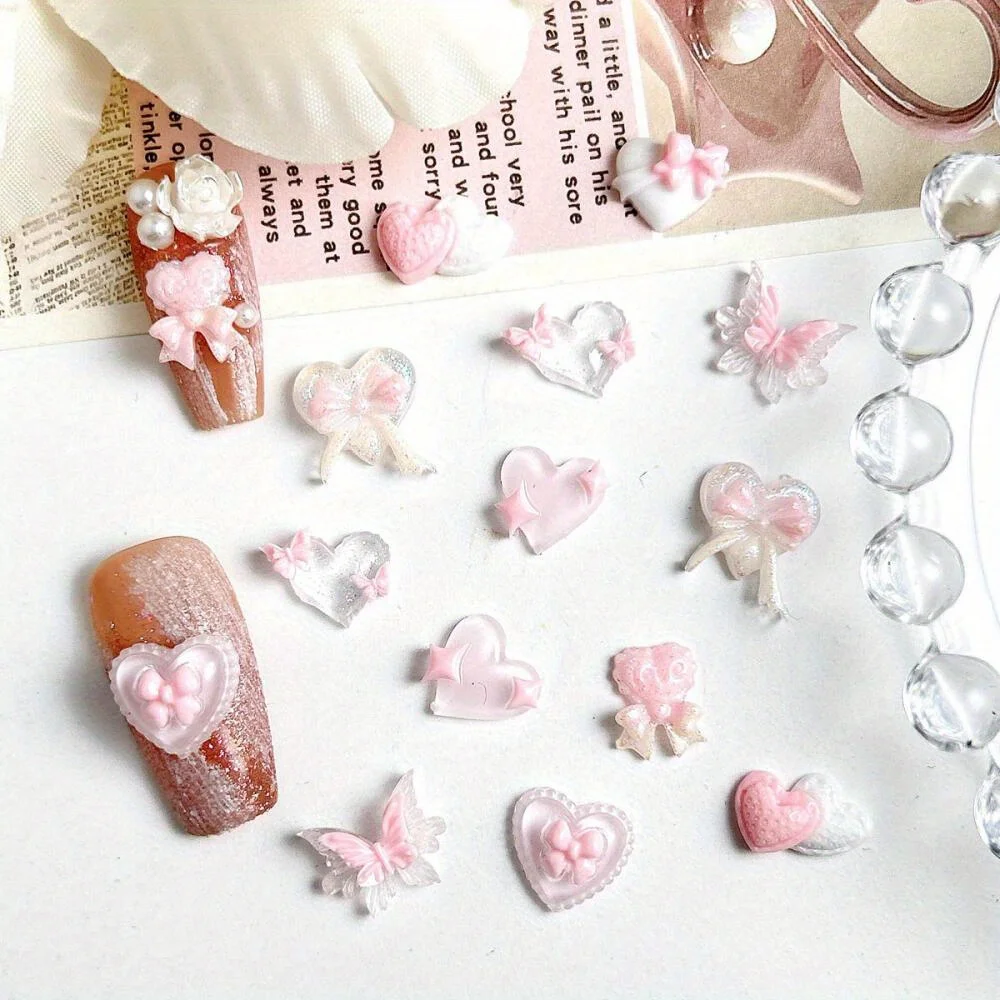 30 Random Mixed Pink & White Transparent Glow-in-the-Dark Heart Butterfly Nail Art Charms, Solid Color Versatile DIY