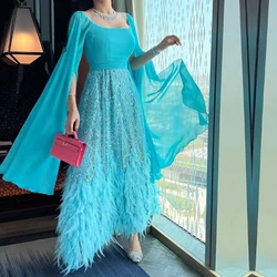 Customized Scoop Neckline Long Sleeve Feathers Formal Occasion Evening Gowns فساتين سهره Abendkleider Vestido De Festa Luxo