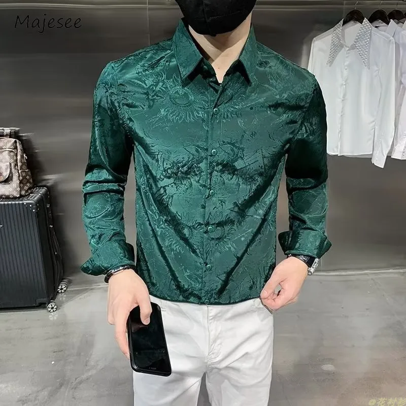 

Shirts Men Casual Jacquard Streetwear Autumn Fashion Long Sleeve Advanced Handsome Korean Style All-match Turn-down Collar Slim