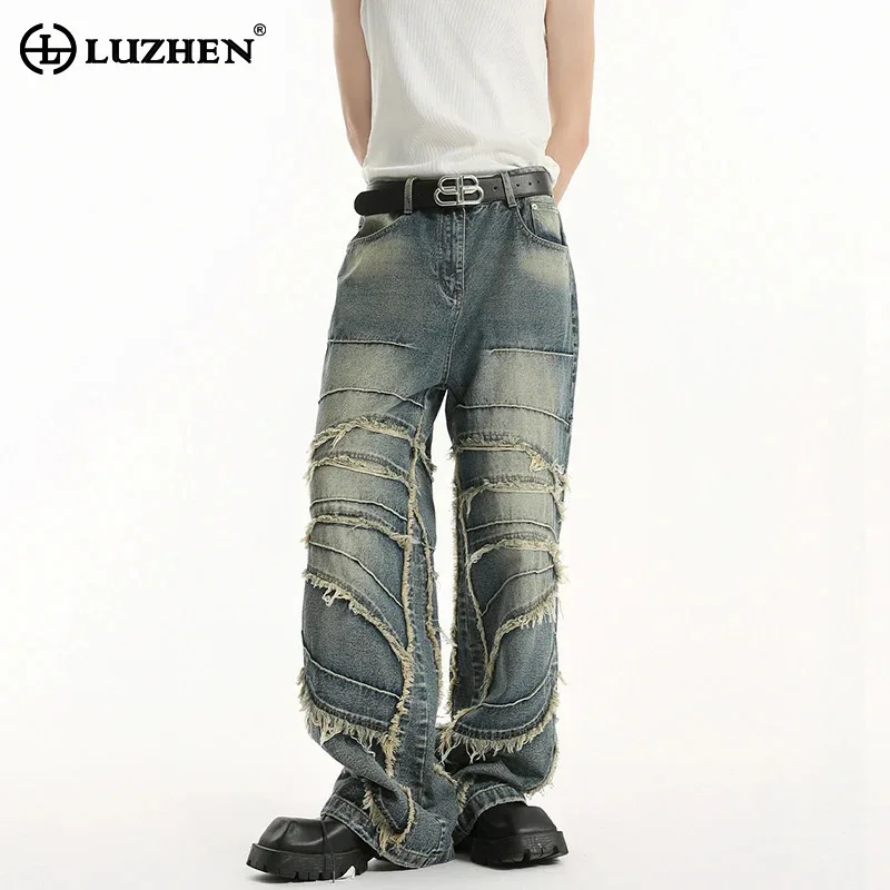 

LUZHEN New Personalized Wornout Burr Patchwork Design Straight 2025 Jeans Men's Stylish High Street Wide Leg Denim Pants JY2605