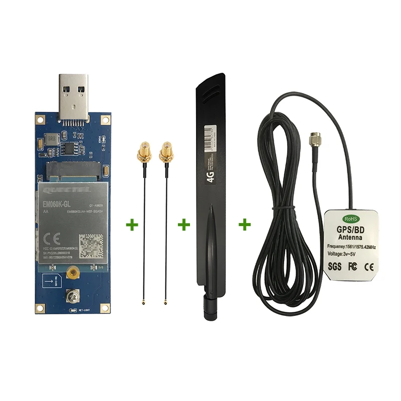 

Quectel EM060K-GL LTE-A Cat 6 module with M.2 to TypeC / USB 3.0 adapter +2pcs SMA male to IPEX4 pigtail +GPS 4G antenna