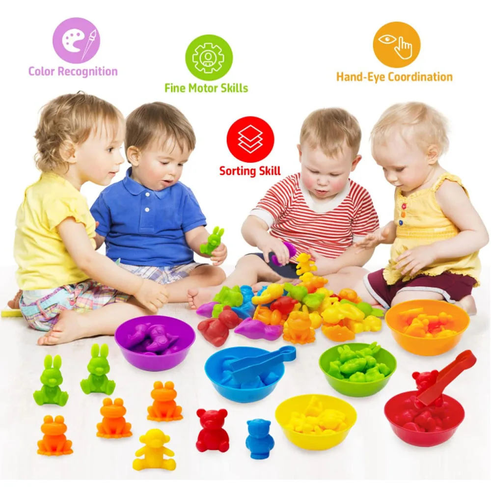 36PCS Colorful Animal Toy Set for Toddlers - Early Learning Educational Toys with Bowls & Tongs, Safe Plastic