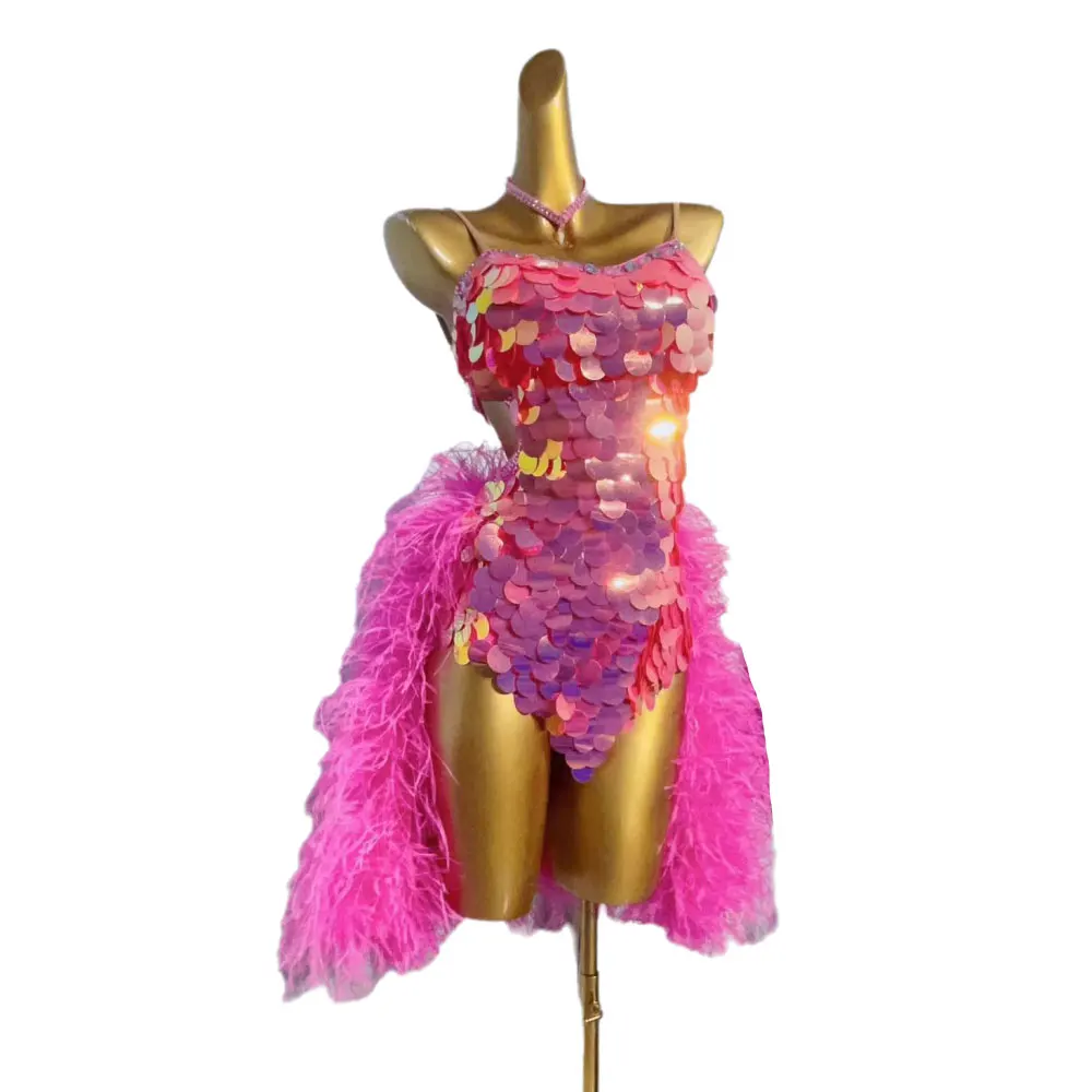 

Latin Dance International Stage Women's High-end Custom Pink Big Fluff Samba Rhinestone Performance Costume dress