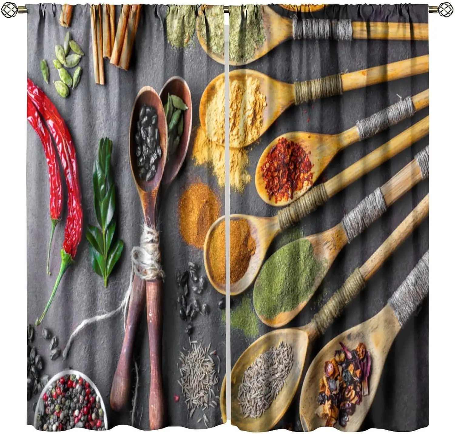 Seasoning Kitchen Curtains Colorful Rustic Spice Spoon Pattern Print Decor Rod Pocket Window Drapes for Bedroom Living Room