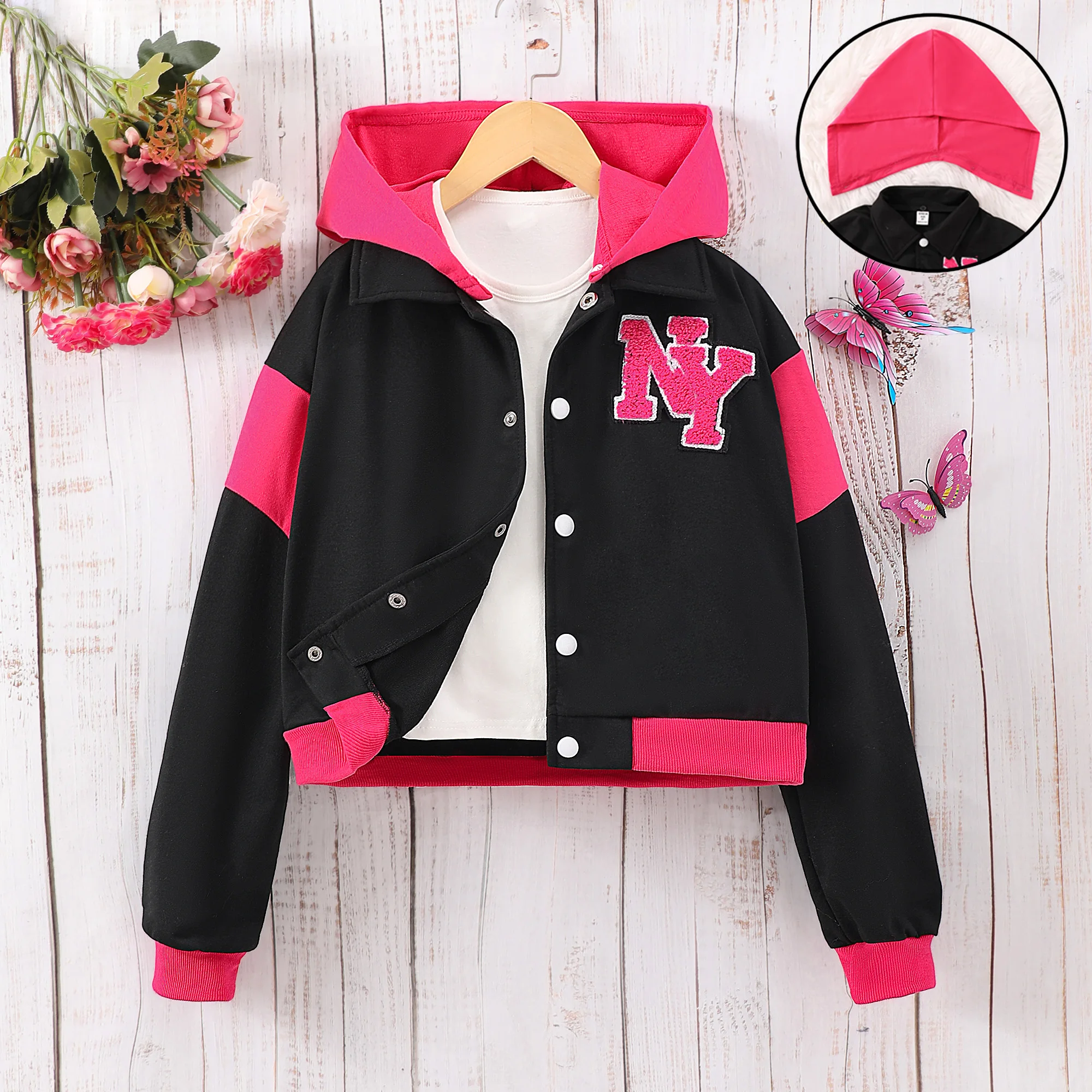 2024 New Spring and Autumn Girls Jacket Long sleeved Letter Hooded Contrast Colored Fashionable Casual Coat 8 9 10 11 12 Years