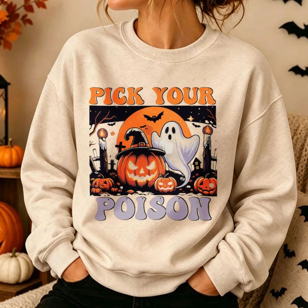 Pick Your Halloween Pumpkin Ghost Sweatshirt Retro Spooky Bat Cemetery Print Long Sleeve Holiday Soft Casual Pullover Streetwear