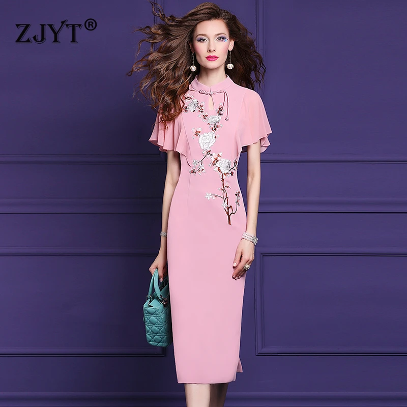 

ZJYT Chinese Style Floral Embroidery Dresses for Women Summer 2024 Elegant Butterfly Sleeve Midi Vintage Cheongsam Dress Female