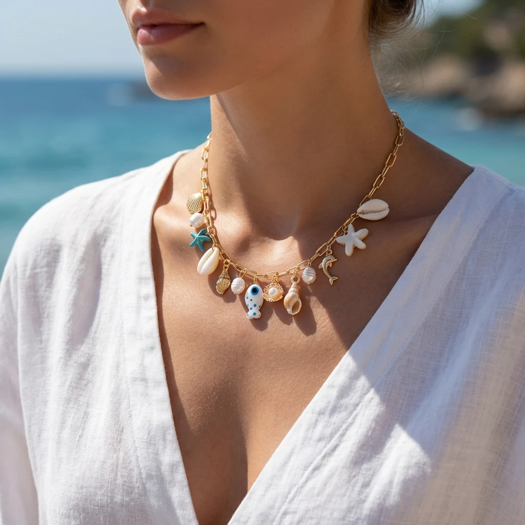 Boho Y2K Mermaidcore Ozean-Charm-Halskette für Frauen und Mädchen, Sommer-Strand-Schmuck mit Seestern, Muschel und Imitationsperlen, Einzigartiges Geschenk