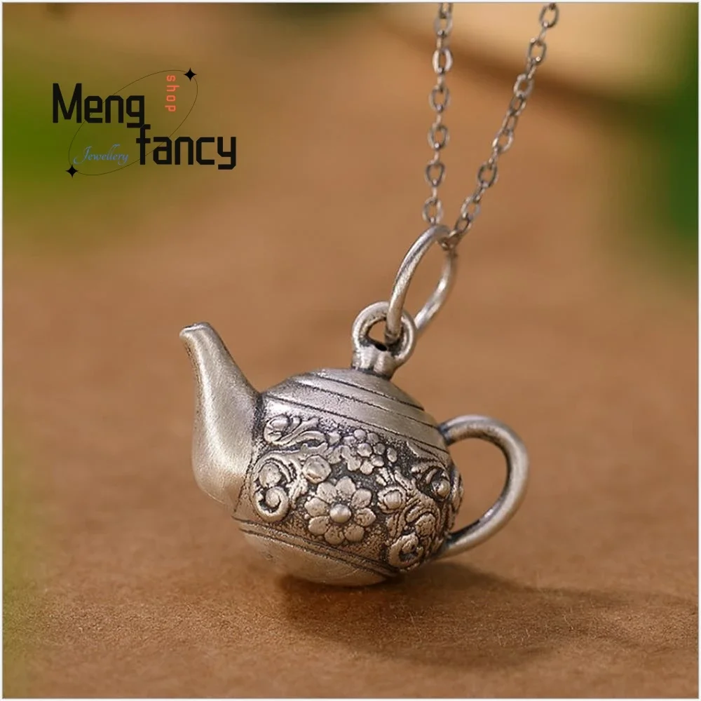 S990 Silver Vintage Old Teapot Embossed Floral Pendant Personalised Kettle Exquisite Handicraft High-grade Fashion Fine Jewelry