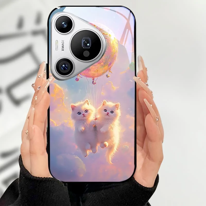 حافظة لهاتف هواوي بورا 70 برو حافظة من الزجاج المقسى على شكل قطة لطيفة لهاتف هواوي بورا 70 برو + بورا 70 الترا برو بلس قذائف سوداء صلبة ممتصة للصدمات #2