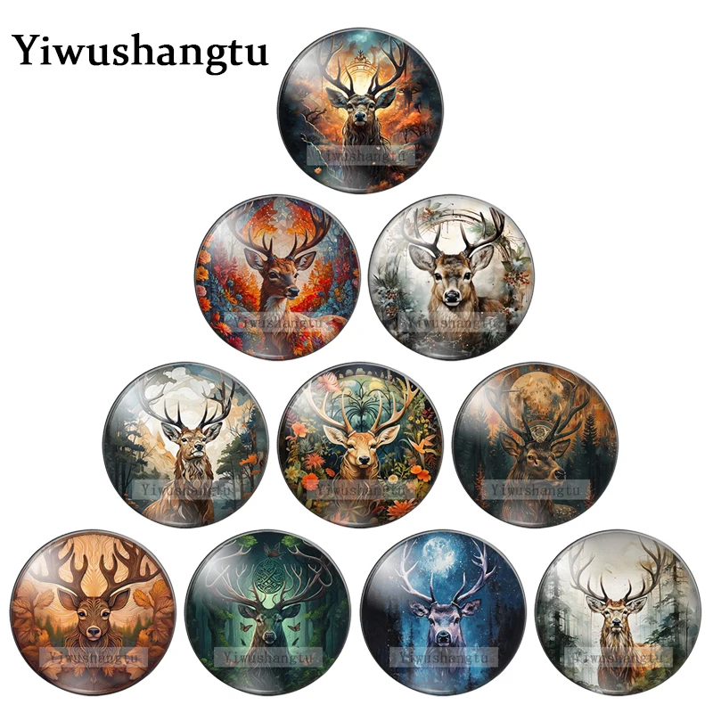 Cute elk forest deer head antlers Art paintings 8mm/12mm/20mm-40mm Round photo Glass Cabochon demo flat back Making findings