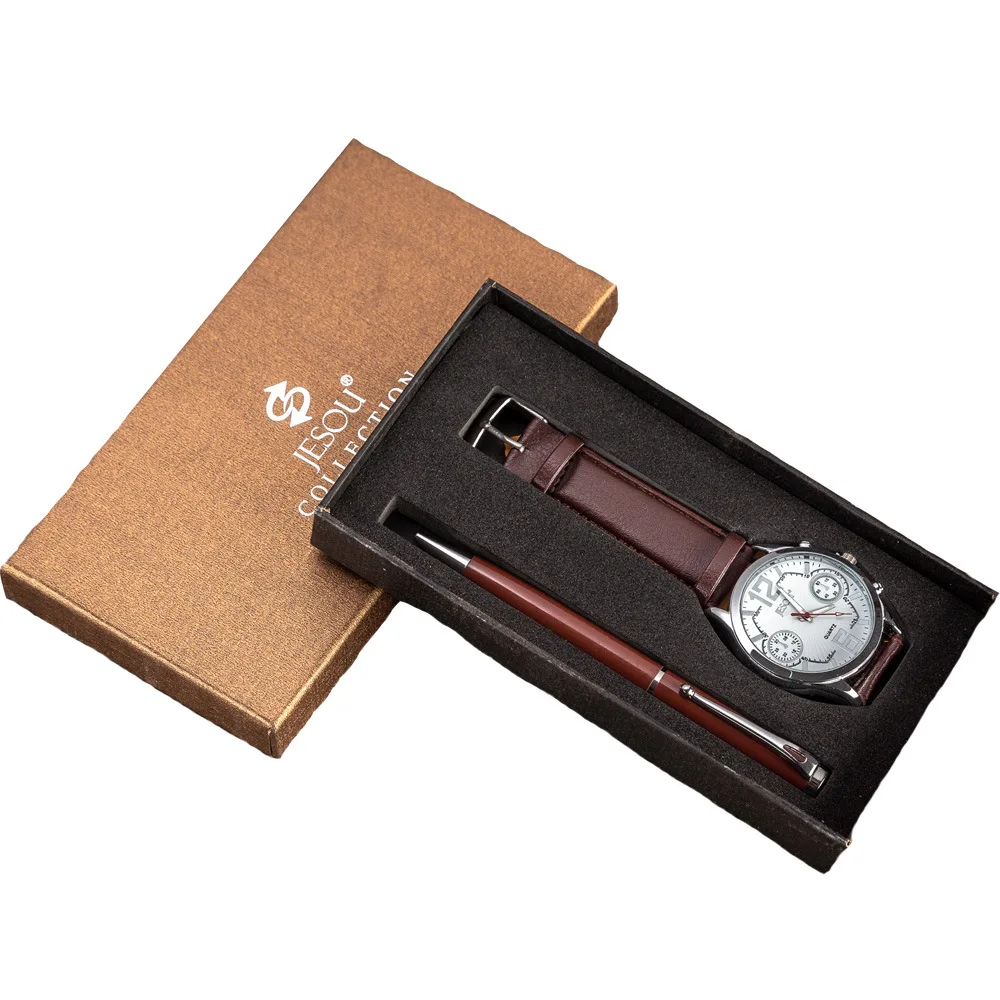 New 2Pcs Set Fashion Watch for Men Luxury Gift Box Mens Watches Pen Wristwatch Set Male Clock Father Husband Gift Dropshipping