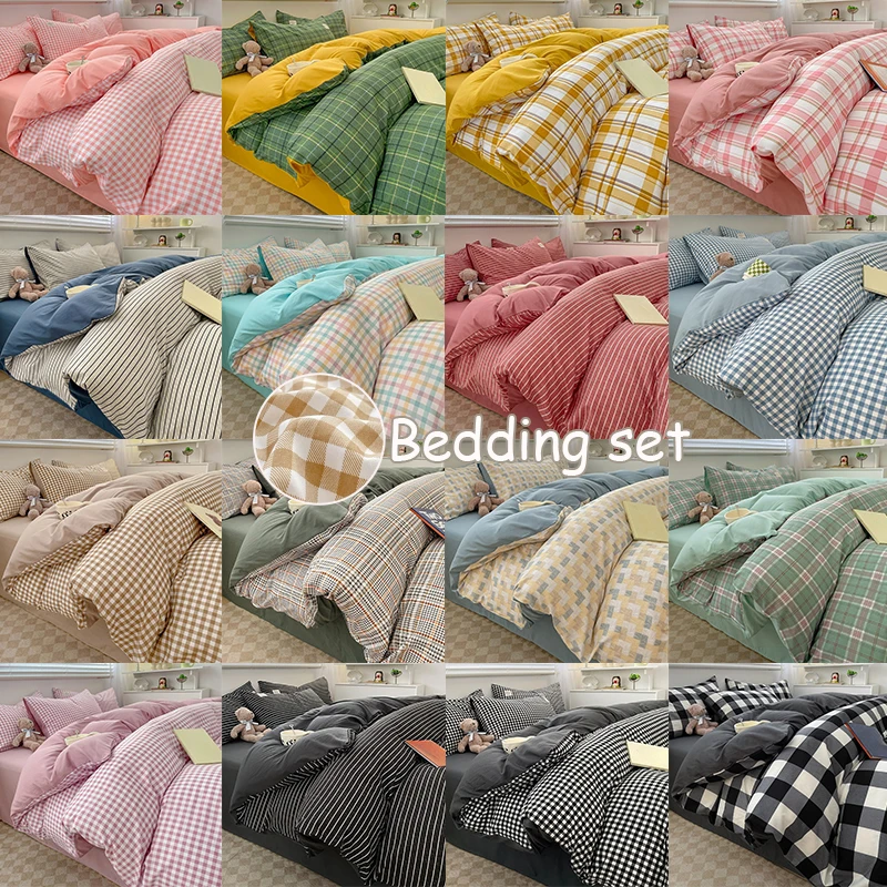 

Simple Striped Check Bedding Set Washed Cotton Skin Friendly Comforter Breathable Duvet Cover Bed Sheet Home Decor Jogo De Cama