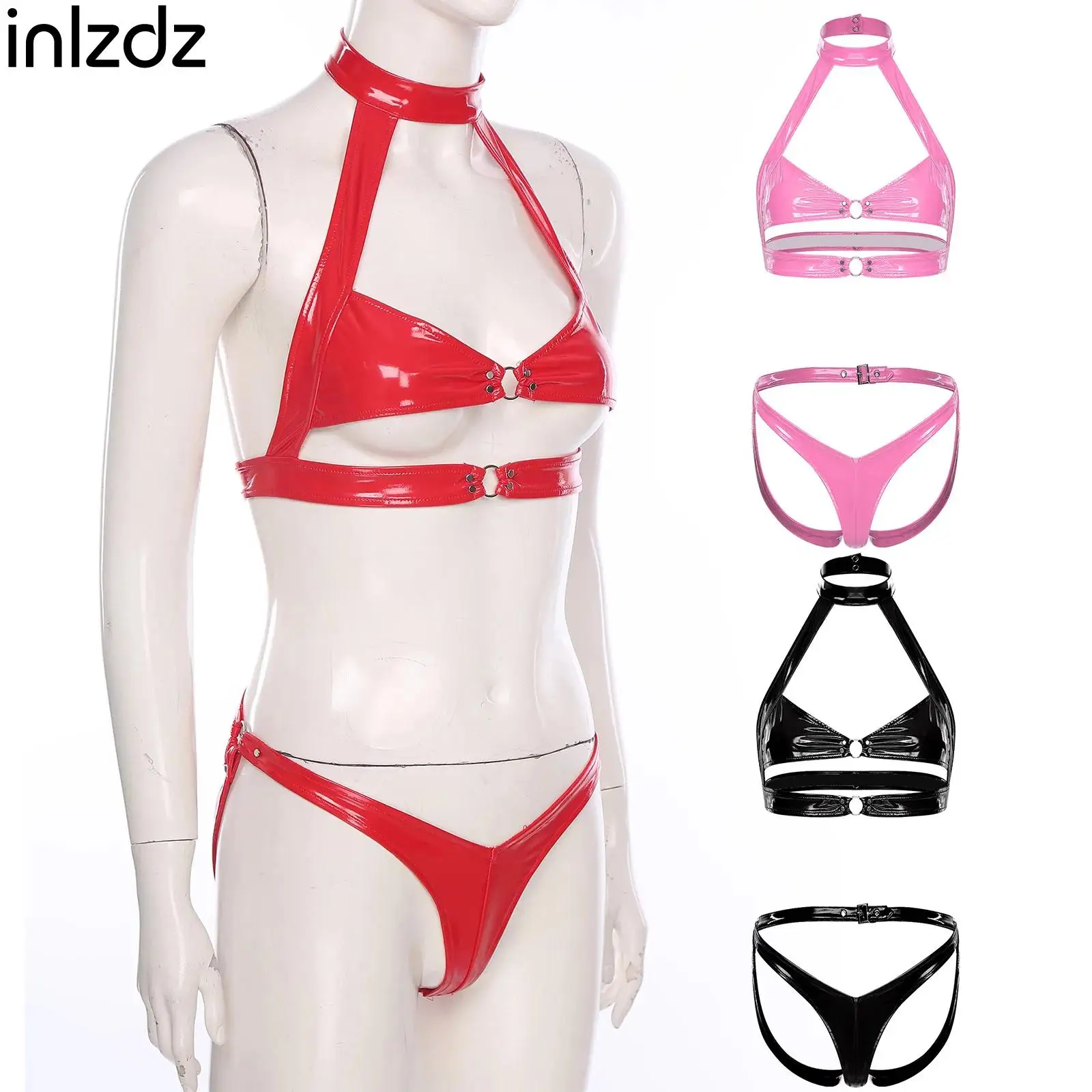 

Womens Wet Look Lingerie Set Exotic Sets Hollow Out Crop Tops Chest Harness+Butt Showing Micro Briefs 2-piece Nightwear Clubwear