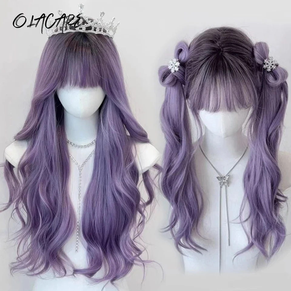 OLACARE Synthetic Long Curly Wavy Lolita Wig with Bangs Wig Girl Cute Black Brown Purple Ombre Cosplay Party Halloween Harajuku