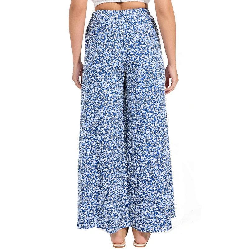 Plus Size Women\'s Floral Print Trousers Elastic Waist Loose Wide Leg Trousers with Pockets