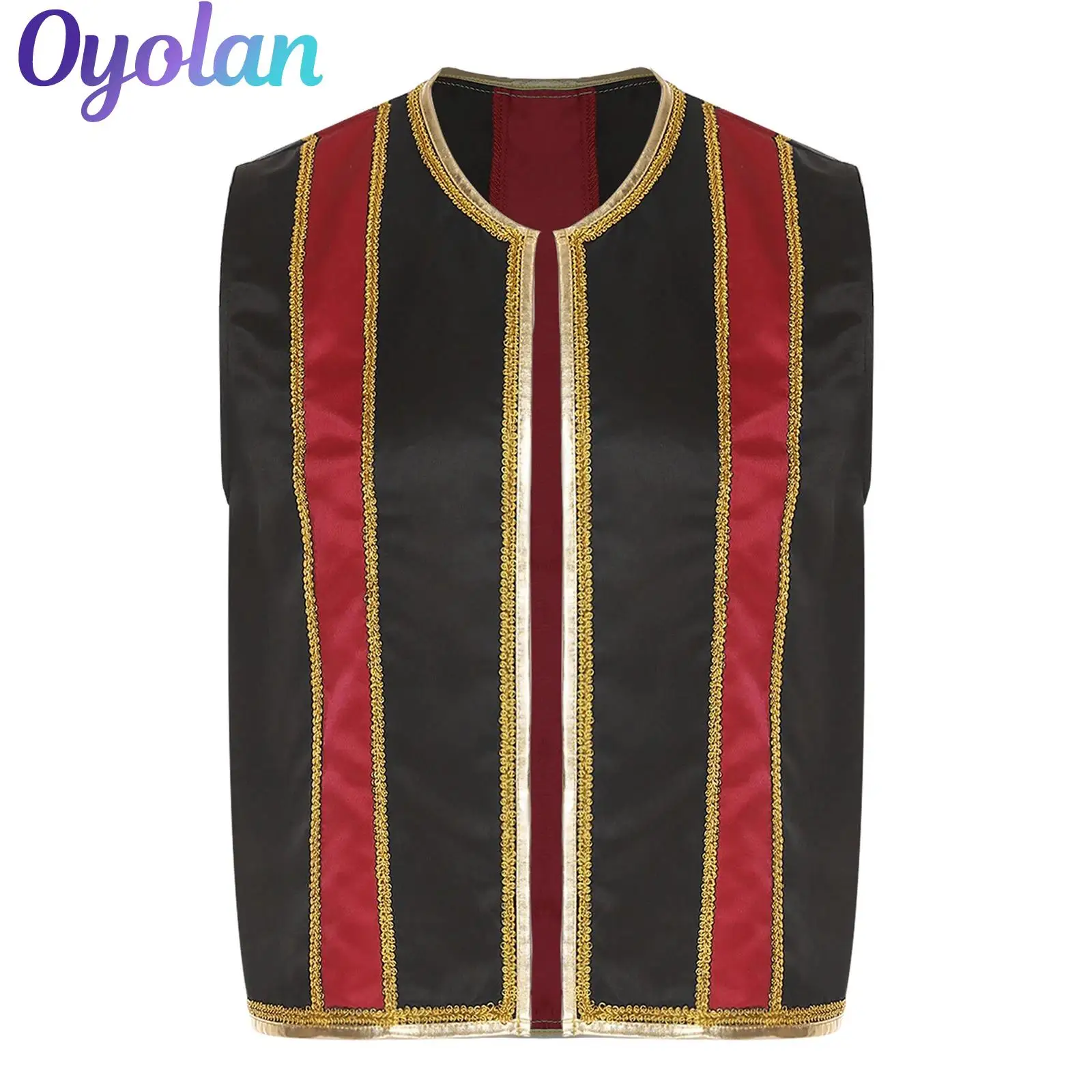 

Mens Spanish Matador Steampunk Vest Tops Open Front Gold Trim Color Block Waistcoat Arabian Prince Cosplay Theme Party Costume