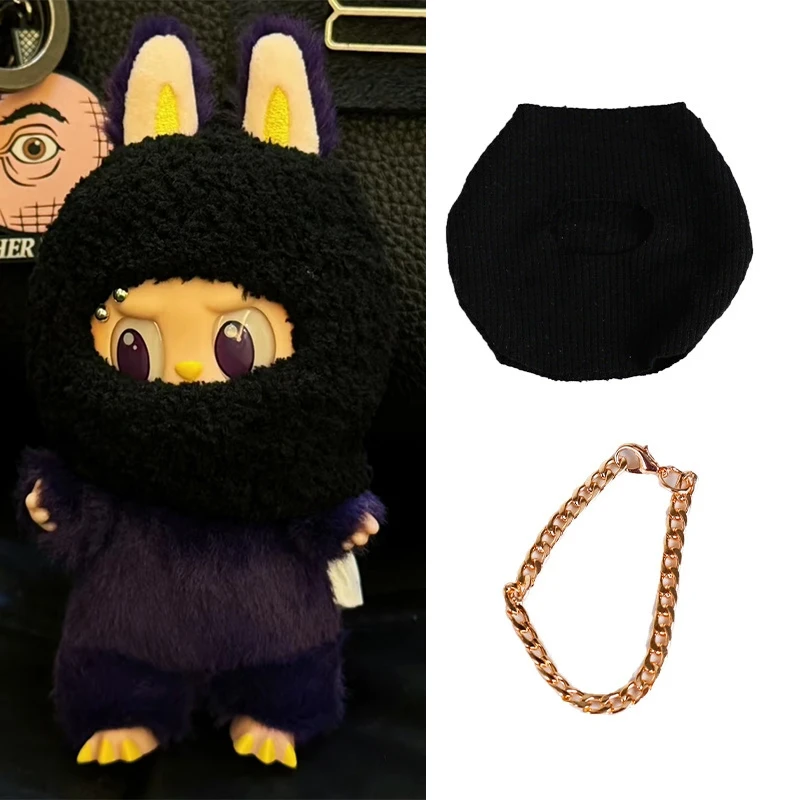 

15 17cm For Labubu Mini Doll Clothes Dark Black Masked Knit Hat and Necklace Street Cloting Fashion Coll Dollhouse Accessories