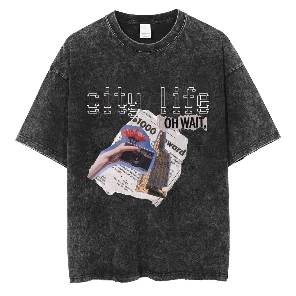 2026 American Street T-shirt with "city Life" Print Vintage Washed T-Shirt Fit Oversized Tee for Men Women Casual Streetwear