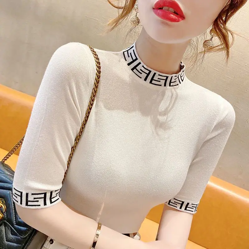 Summer New Versatile Slim Fashion Base Shirt Thin Inner Mid-sleeve Knitted Top Women Sweater