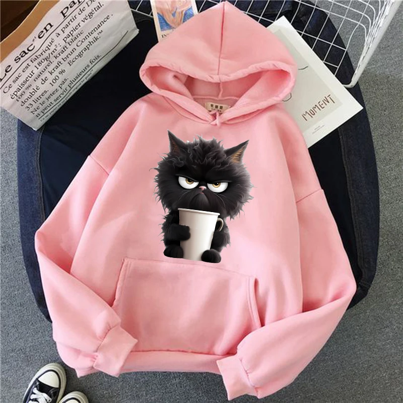 Graphic Hip Hop Sweatshirt Hot Funny Black Cat Print Hoodies for Women Men Mange Gothic Hoody Casual Vintage Streetwear Clothes