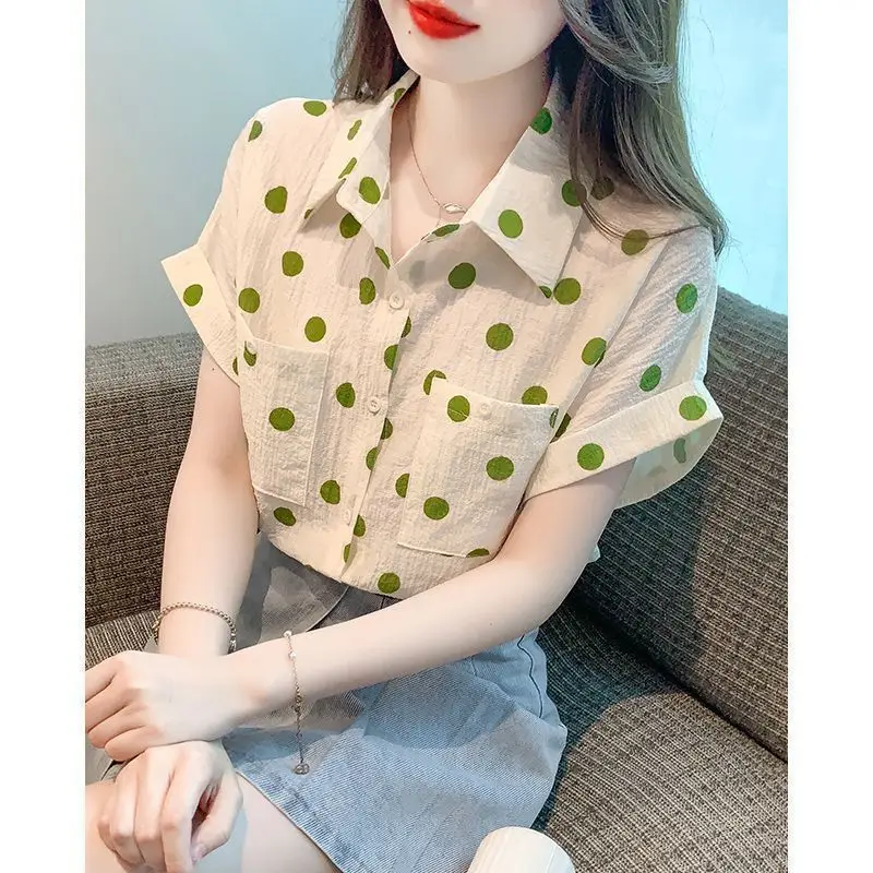 Korean Version Stylish Dot Printed Short Sleeved Shirt for Women's Summer 2024 New Simply Casual Breathable Natural Comfort Top