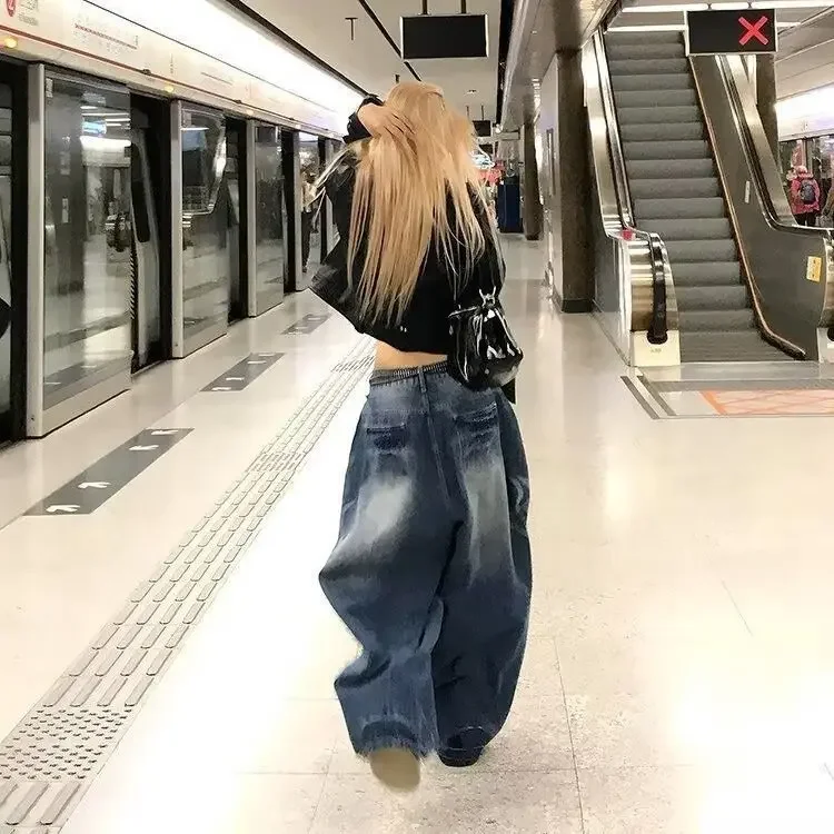 Women Jeans Baggy Wide Fit Boyfriend Denim Pants Grunge Punk Ripped Y2K Japanese Harajuku 2000s American Retro Design 4