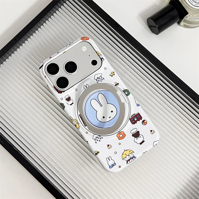 New 2026 Cartoon Miffy Rabbit Phone Case For iPhone 15 16 17 ProMax With Flip Round 360° rotate Ring Kickstand Cute Girl