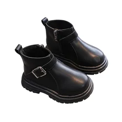 Kids Leather Shoes Boys Girls British Style Simple Side Zipper Design Non-Slip Short Boots Martins Boots