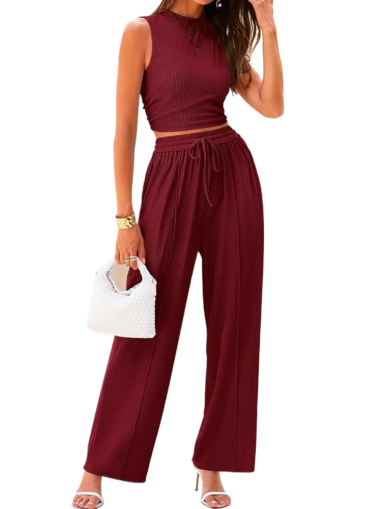 

Summer Casual Women's Pants Sets Fashionable Solid Color Sleeveless Slim Short Tops Loose Lace-up Wide Leg Trousers 2 Pieces Set