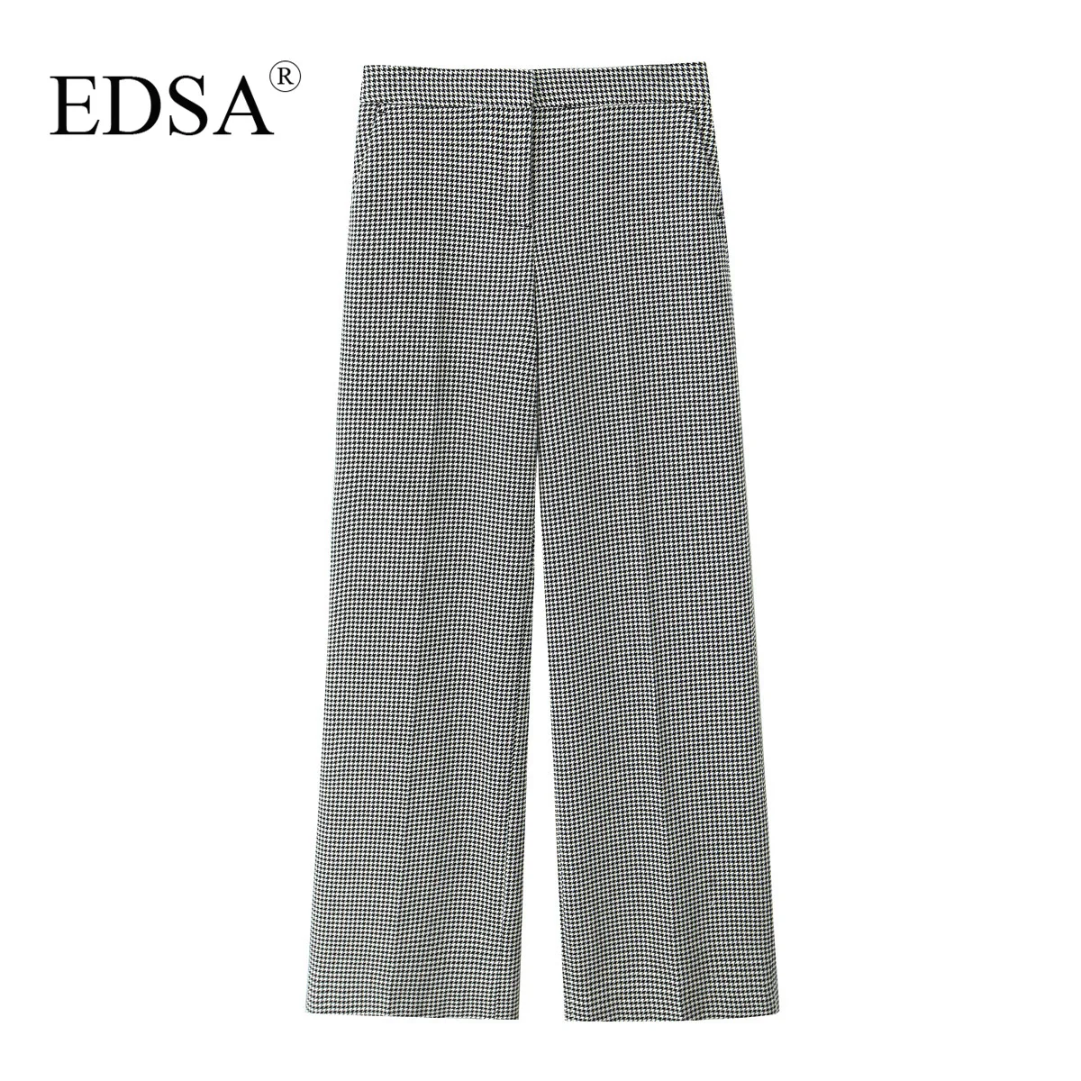 EDSA Damskie spodnie w kratę 2-częściowy zestaw do biura Lady Cropped Bouble Breasted Blazer Jacket & High Waist Straight Long Pants Suits