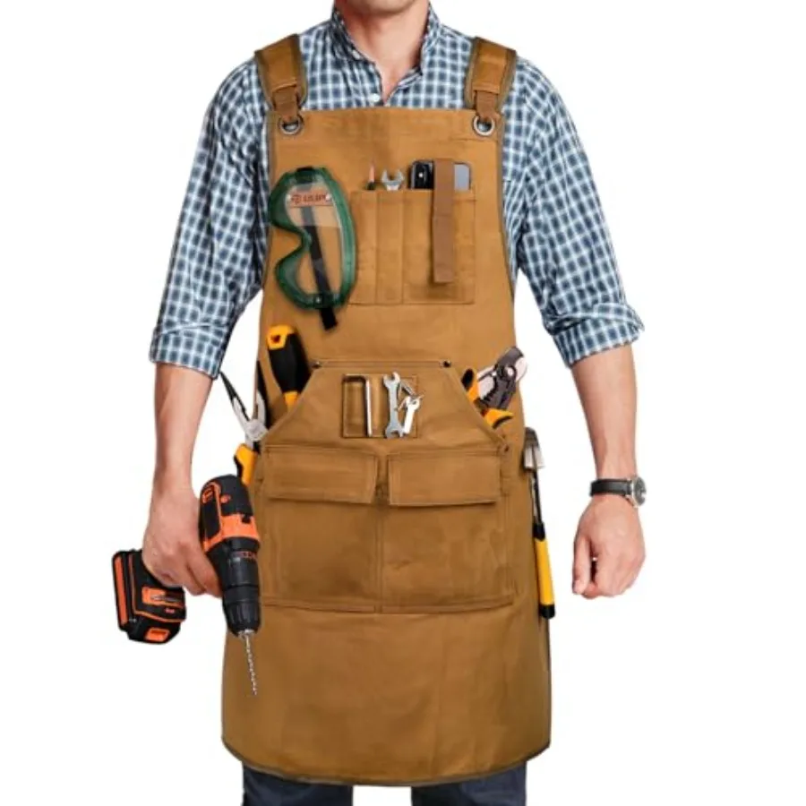 

Woodworking Apron for Men, Shop Apron 20 oz Canvas Work Apron with 9 Tool Pockets, Heavy Duty Wood Working Workshop Bib Apron f