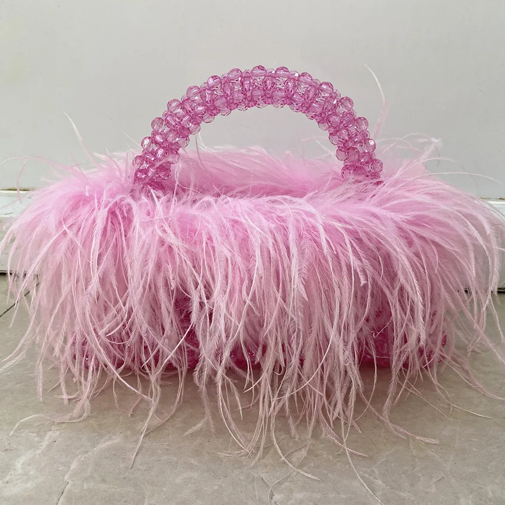 Parel kralen tas met veren bont Designer merk helder acryl kristal stenen doos Tote handtas vrouwen handgemaakte feesttas - afbeelding 1