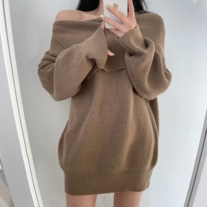 Sexy One Shoulder Short Knit Pullovers Women Fall Winter American Thickened Long Sleeve Sweater Tops 3 Colors