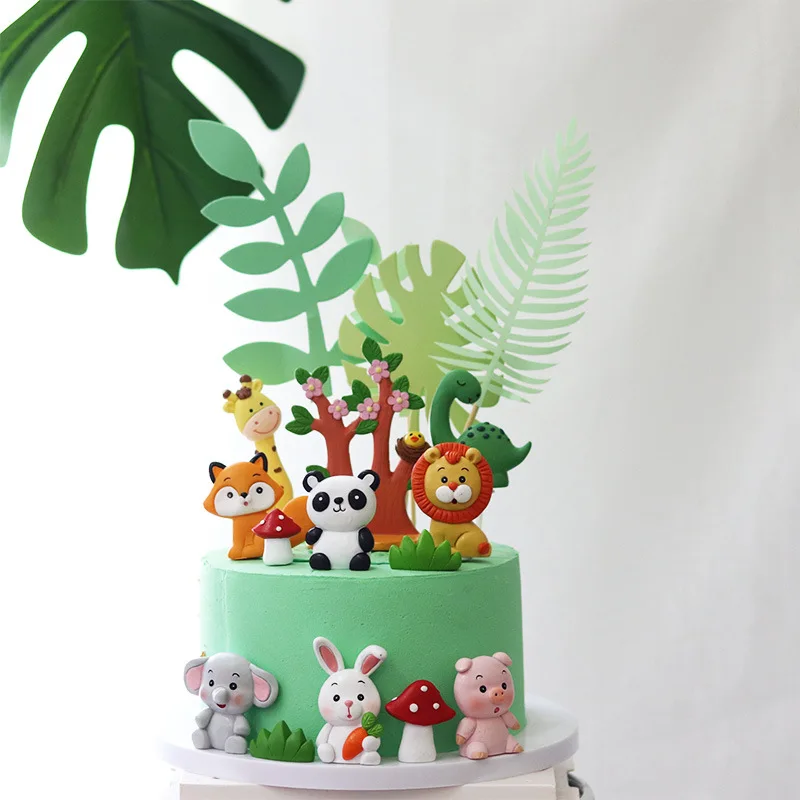 Cartoon Tier Harz Kuchen Dekor Dschungel Baby Löwe Elefant Kaninchen Cupcake Topper Happy One 1. Geburtstag Party Decor Kind Junge Mädchen