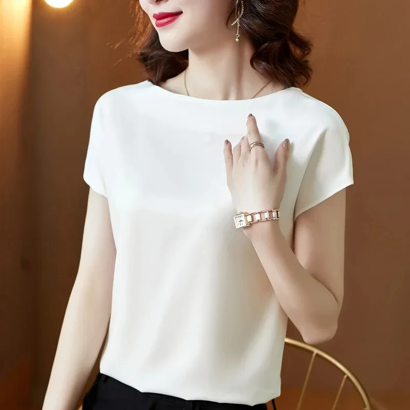 Elegant Solid Loose Casual Satin Blouse Women Summer Tops O Neck Female Shirts Fashion Korean Short Sleeve Blouses Blusas 13377