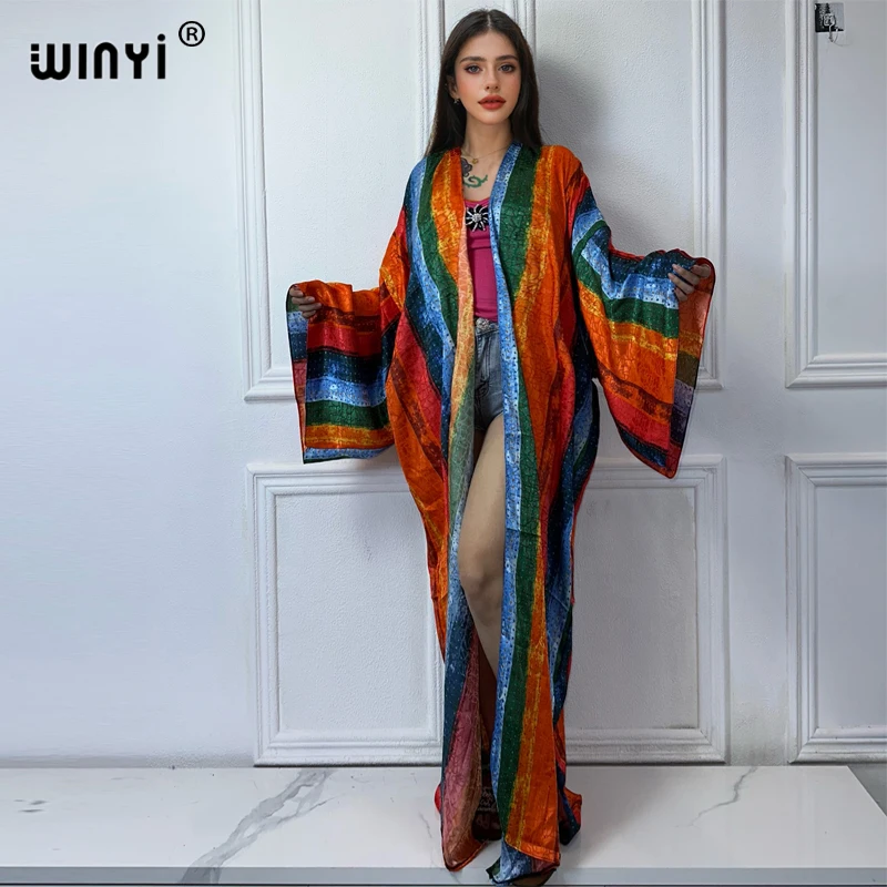 WINYI beach cover up print kimono Silk feel Dress Beach Wear Boho Cardigan abaya women muslim dress africa Long Sleeve coat