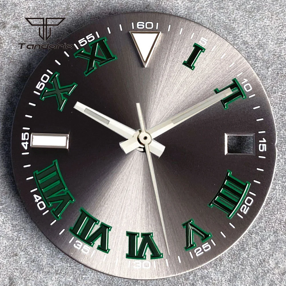 29mm Grey Sunburst Watch Dial Face Fit NH35 Green Roman Marks Date Window Hands Set Men Automatic Watch Mod Parts Accessories