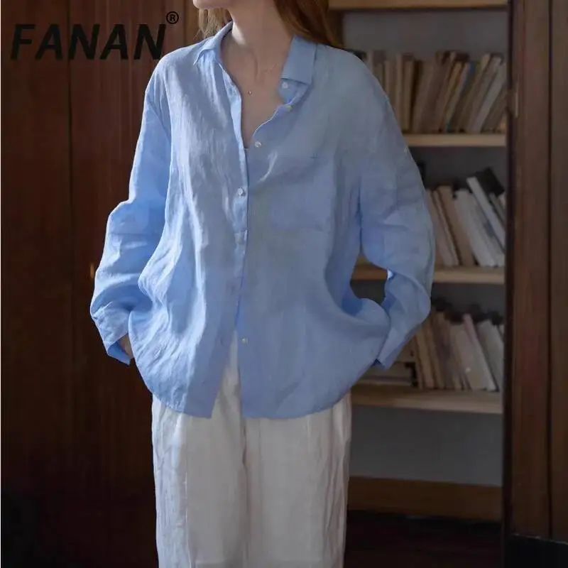 

FANAN 2026 Summer New Sunscreen Shirts For Women Minimalism 100% Linen Blouses Office Lady Tops Solid Fashion Clothing Femal
