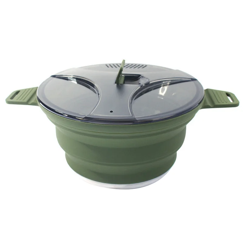 Silicone Folding Camping Kettle Pan Pot Portable Collapsible Heat Resistant Cookware Pot for Outdoor Hiking Dark Green