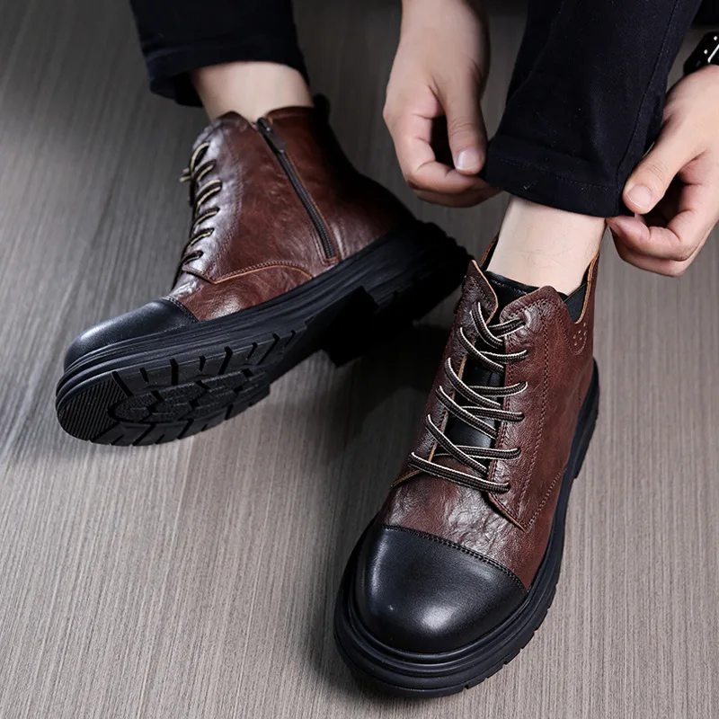 Trendige Herrenstiefel Thi Bot oes ort Booties Large Head Briti Sle Winter Faion Lässige Lederstiefel