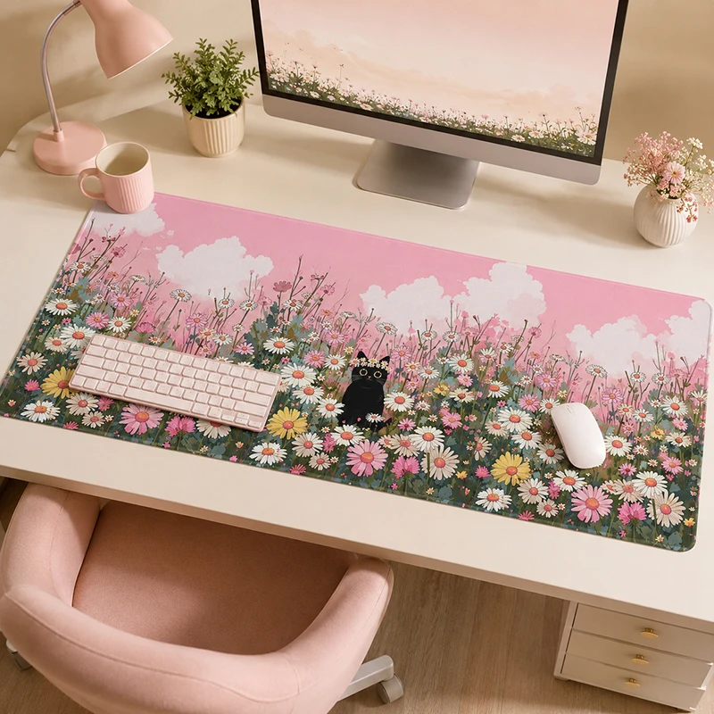 Pink Daisy Garden Black Cat Mouse Pad Gamer printon demand Custom Home Mousepad XXL Desk Mats Carpet Laptop Mouse Mats Table Mat
